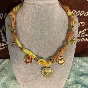 Gold Heart & Butterfly Boho Charm Necklace - Yellow and Brown - One of a Kind!